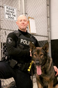 Windsor, ON – Constable Kris Lauzon introduces his new dog partner and member of the Windsor Police Services K-9 Unit, Fuse, at the department’s training facility. Photo by: Todd Shearon
