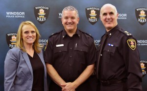 Melanie Kish-Lewis, Superintendent Ted Hickey and Police Chief Al Frederick at Windsor Police Headquarters. (Photo by Alyssa Leonard)