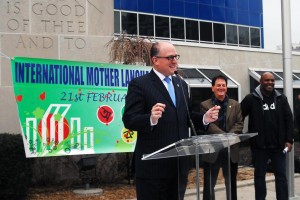Mayor Drew Dilkens, councilor Paul Borrelli and councilor John Elliott addressing the crowd at the flag hoisting ceremony. Windsor marked Feb. 21 as International Mother Language Day at City Hall. (Photo by: MD. Nuruzzaman)
