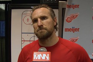 Red Wings assistant captain Niklas Kronwall discusses the final days of Joe Louis Arena during an interview in the team's dressing room. Photo by Todd Shearon.