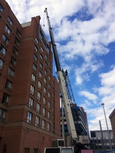 The TownePlace Suites by Marriot has been placed on the building at 250 Dougall Ave. The construction team on site said it will be another month until renovations are finished. (Photo by: Ryan Percy)
