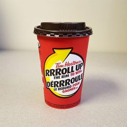A photo of a Tim Hortons' roll up the rim to win cup.